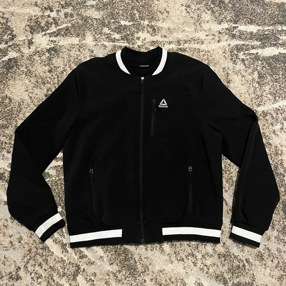 Reebok Bomber Jacket Black & White Full Zip Fleece Lined Polyester Shell Size XL - Picture 9 of 11